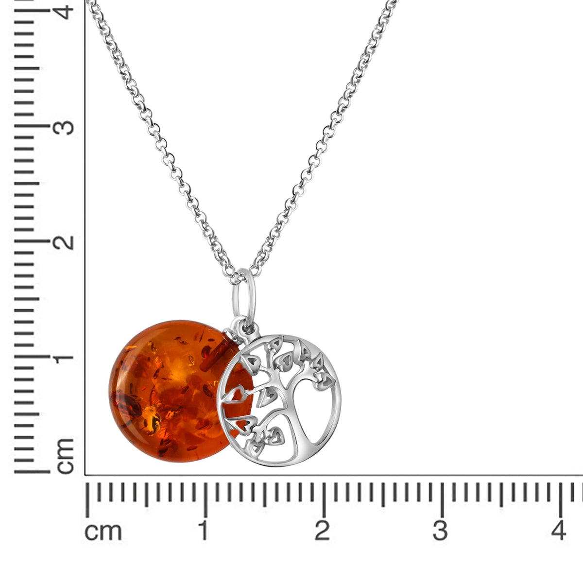 Anhänger mit Kette aus 925/- Sterling Silber rhodiniert Lebensbaum mit Bernstein