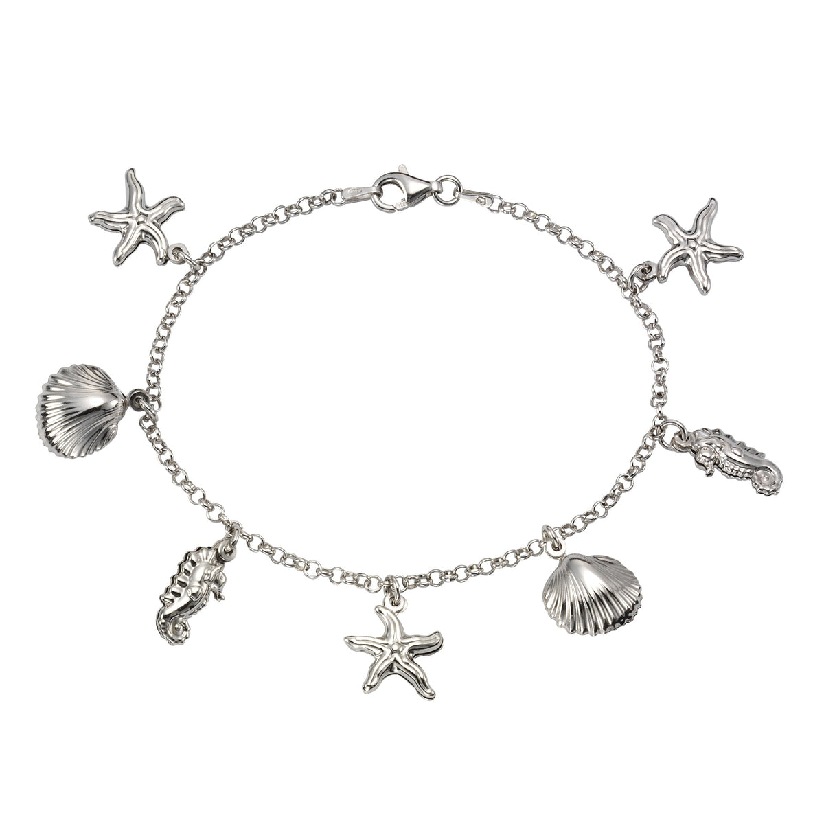 Armband Silber 925 rhodiniert mit Seepferdchen Muscheln und 19cm Länge