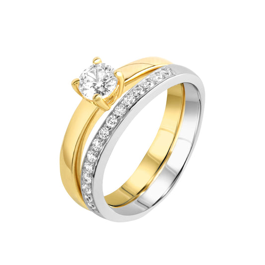 Zeeme Silver - Damen-Ring-Set zweiteilig aus 925 Sterling Silber zweifarbig mit weißen Zirkonia-Steinen