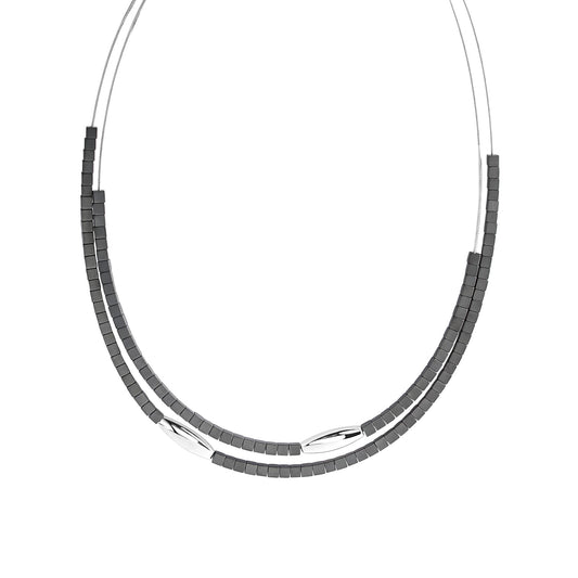 Zeeme Stainless Steel - Damen-Halskette aus Edelstahl 2-reihig mit Hämatit matt 42+5cm lang