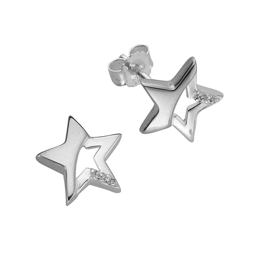 Ohrringe Silber 925 rhodiniert glanz matt Motiv Stern mit je 2 Zirkonia