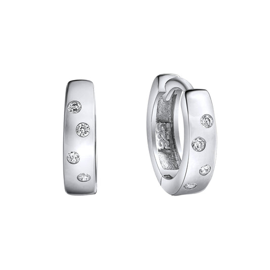 Klappcreolen aus 925/- Sterling Silber rhodiniert mit je 4 weißen Zirkonia-Steinen und 1,3cm Durchmesser