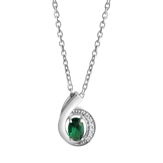 Anhänger mit Kette aus 925/- Sterling Silber rhodiniert 1 synth.Smaragd und 6 Zirkonia weiss