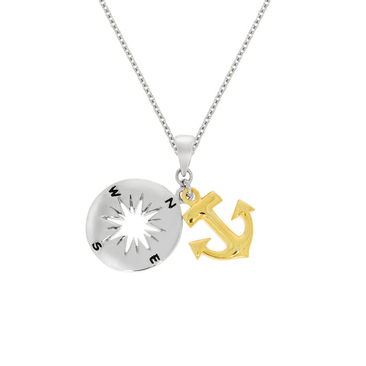 Anhänger mit Kette aus 925/- Sterling Silber rhodiniert teilweise vergoldet Motiv Anker und Windrose