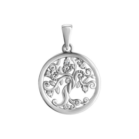 Anhänger aus 925/- Sterling Silber rhodiniert Motiv Lebensbaum mit 5 Zirkonia weiss