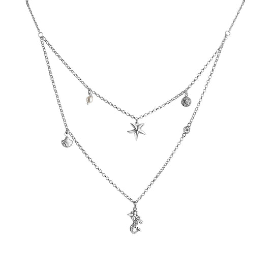 Collier zweireihig aus 925 /-Sterling Silber rhodiniert mit maritimen Anhängern,im.Perle und Zirkonia