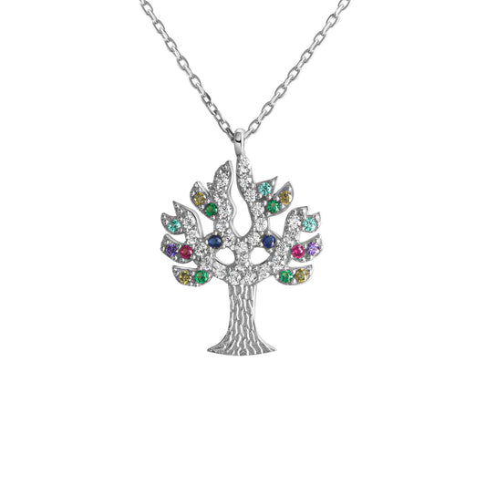 Anhänger mit Kette aus 925/- Sterling Silber rhodiniert Lebensbaum mit bunten Zirkonia