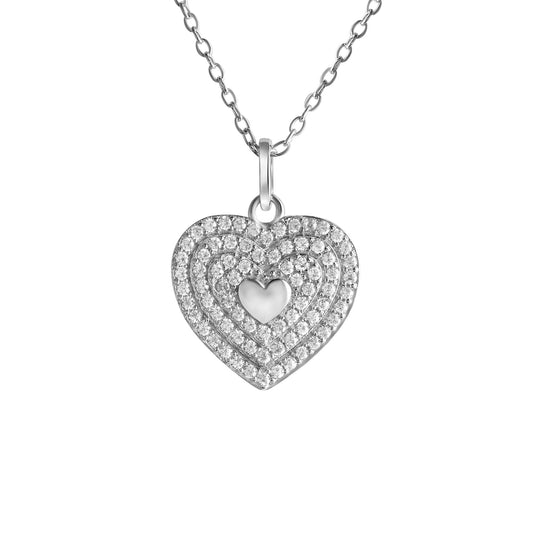 Collier mit Herzanhänger aus 925/- Sterling Silber rhodiniert ausgefasst mit Zirkonia Mittig kleines Silberherz