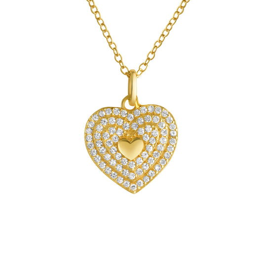 Collier mit Herzanhänger aus 925/- Sterling Silber vergoldet ausgefasst mit Zirkonia Mittig kleines Silberherz