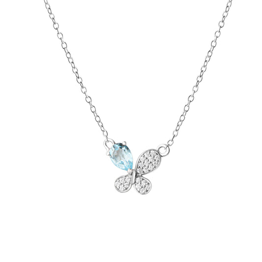Collier aus 925/- Sterling Silber rhodiniert mit floralem Element Blautopas und Zirkonia