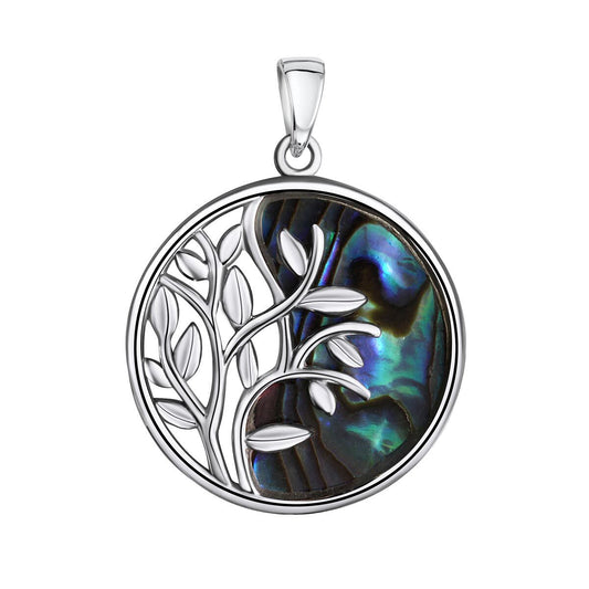 Anhänger aus 925/- Sterling Silber rhodiniert Motiv Lebensbaum Abalone blau