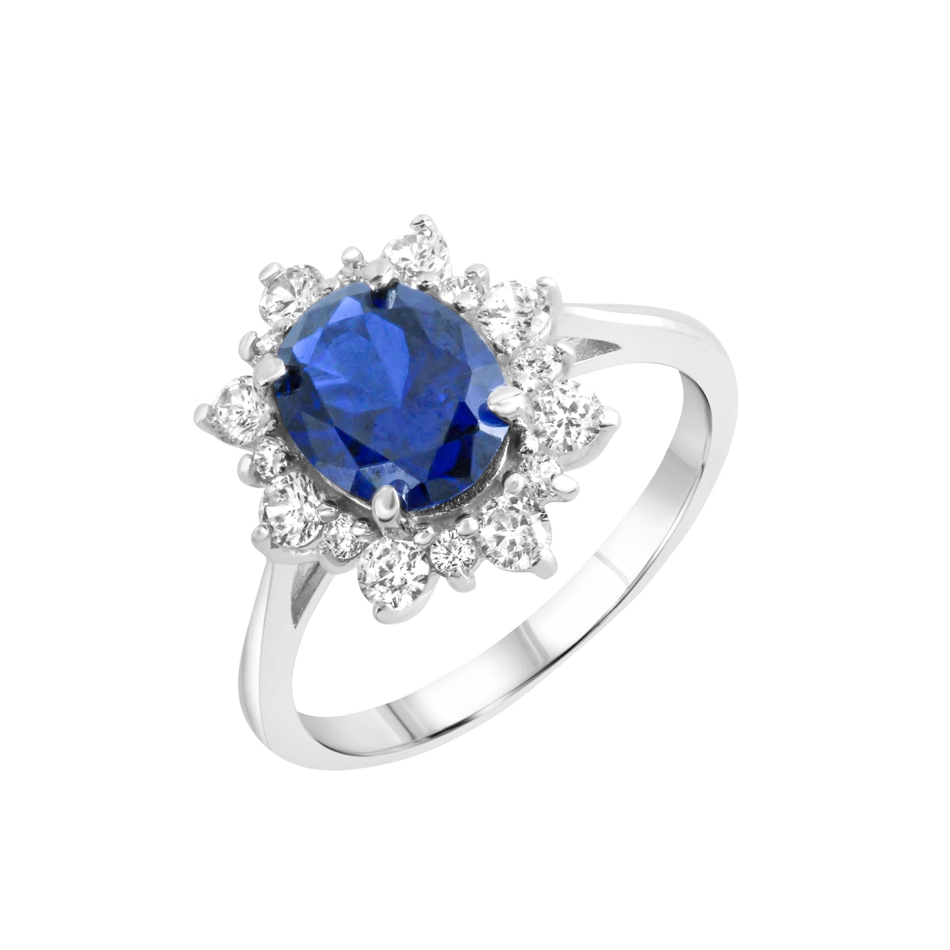 Damenring aus 375/- Weißgold glanz mit Spinel blau und Zirkonia