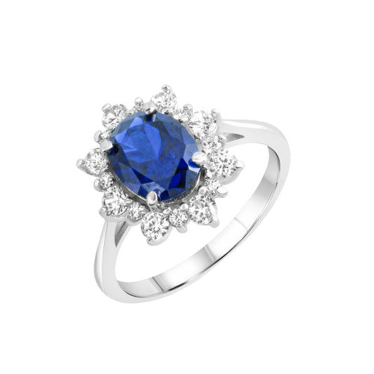 Damenring aus 375/- Weißgold glanz mit Spinel blau und Zirkonia