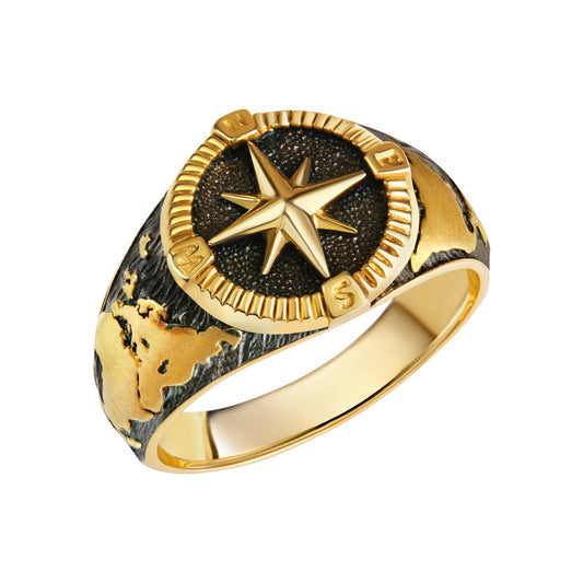 Herren Ring aus 925/- Sterling Silber vergoldet Windrose und Landkarte
