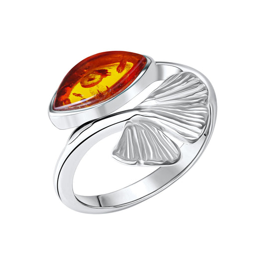 Damenring aus 925/- Sterling Silber rhodiniert Motiv Gingkoblatt mit Bernstein