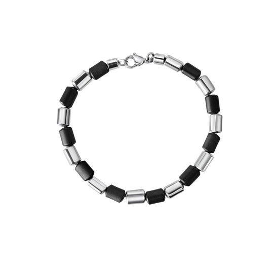 Armband aus Edelstahl mit Stah-l und Hämatit-Zylinder glanz/matt Länge 20 cm