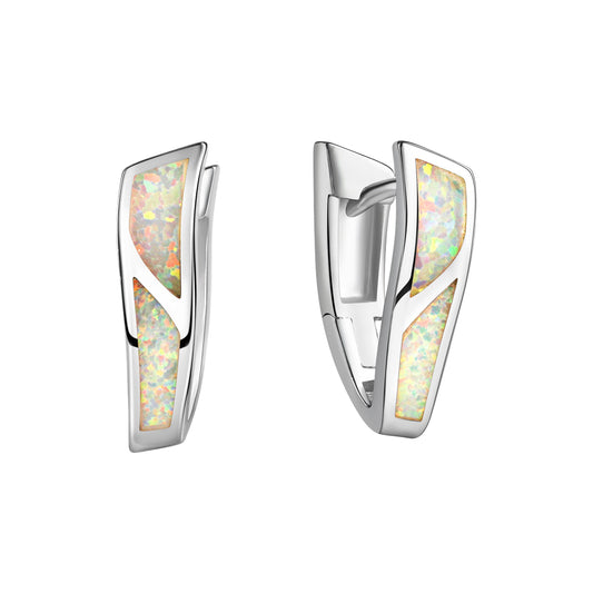 Klappcreolen aus 925/- Sterling Silber rhodiniert mit synth.Opal weiss