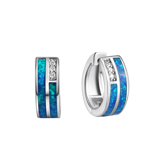 Klappcreolen aus 925/- Sterling Silber rhodiniert mit Zirkonia und synth.Opal blau