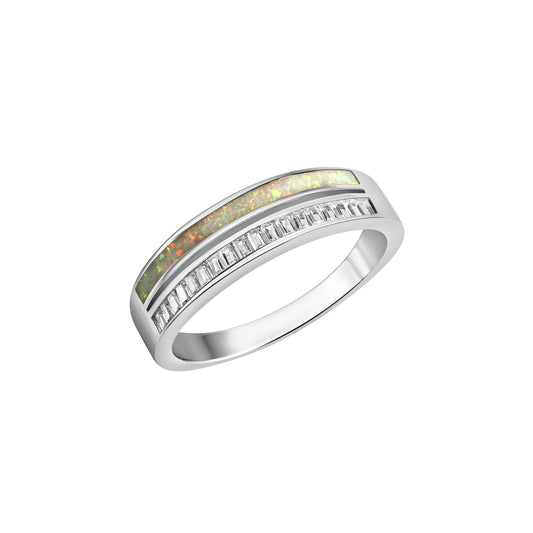 Damenring aus 925/- Sterling Silber rhodiniert mit Zirkonia und synth.Opal weiss