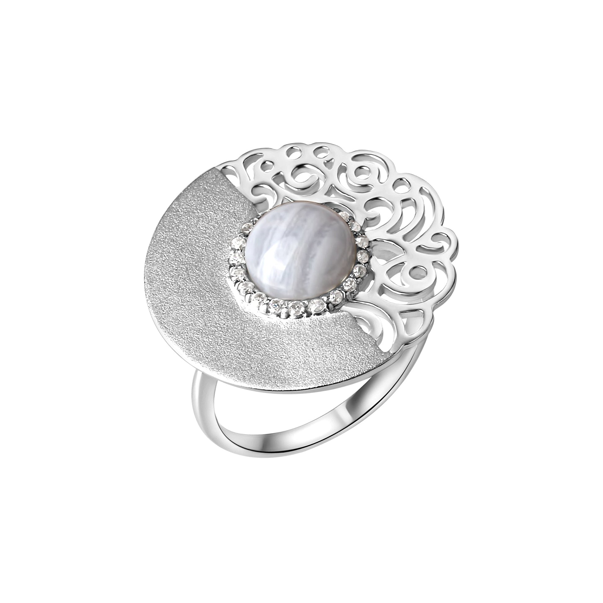 Damenring aus 925/- Sterling Silber mit 20 Zirkonia und 1 Streifen-Achat
