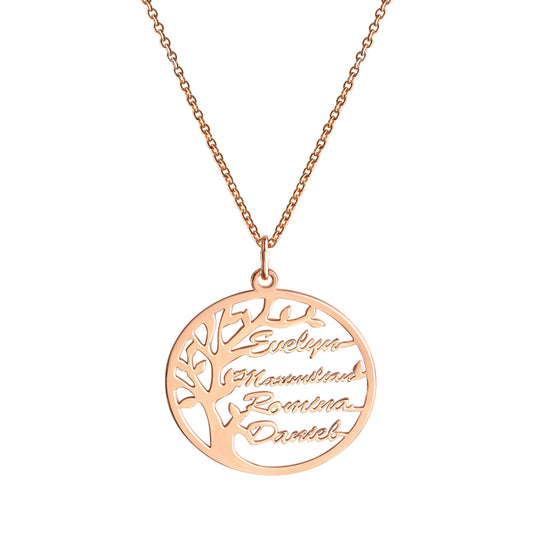 Anhänger mit Kette aus 925/- Sterling Silber rotvergoldet Lebensbaum mit 1-4 Namen individuell gestaltbar