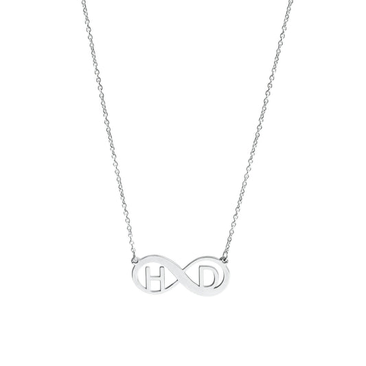 Anhänger mit Kette aus 925/- Sterling Silber rhodiniert Infinity-Zeichen mit 2 Buchstaben Druckschrift