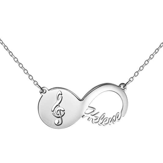 Collier aus 925/- Sterling Silber rhodiniert Infinity-Zeichen mit Violinschlüssel und Namen bis zu 8 Buchstaben
