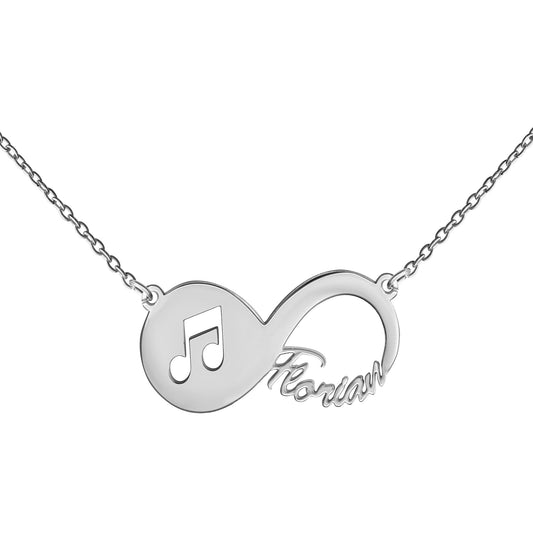 Collier aus 925/- Sterling Silber rhodiniert Infinity-Zeichen mit Noten und Namen bis zu 8 Buchstaben