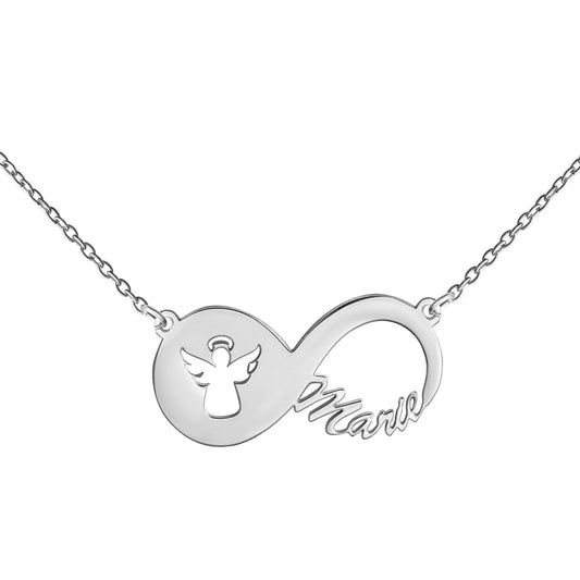 Collier aus 925/- Sterling Silber rhodiniert Infinity-Zeichen mit Engel und Namen bis zu 8 Buchstaben