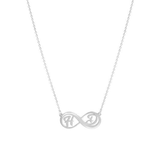 Anhänger mit Kette aus 925/- Sterling Silber rhodiniert Infinity-Zeichen mit 2 Buchstaben Schreibschrift