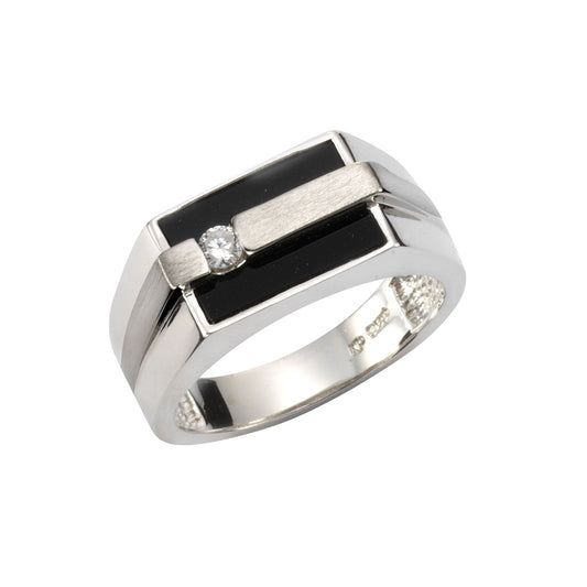 Herrenring aus 925/- Sterling Silber rhodiniert mit Onyx und Zirkonia