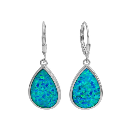 Ohrhänger aus 925/- Sterling Silber rhodiniert mit synth. Opal in blau mit 3,7cm Länge