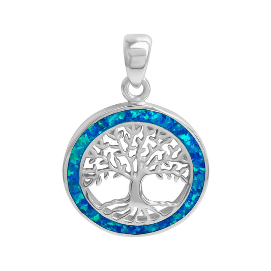 Anhänger aus 925/- Sterling Silber rhodiniert mit synth. Opal blau Motiv Baum
