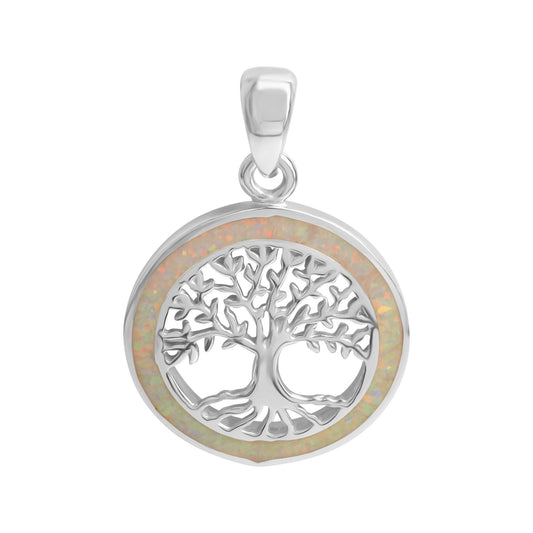 Anhänger aus 925/- Sterling Silber rhodiniert mit synth. Opal weiß Motiv Baum