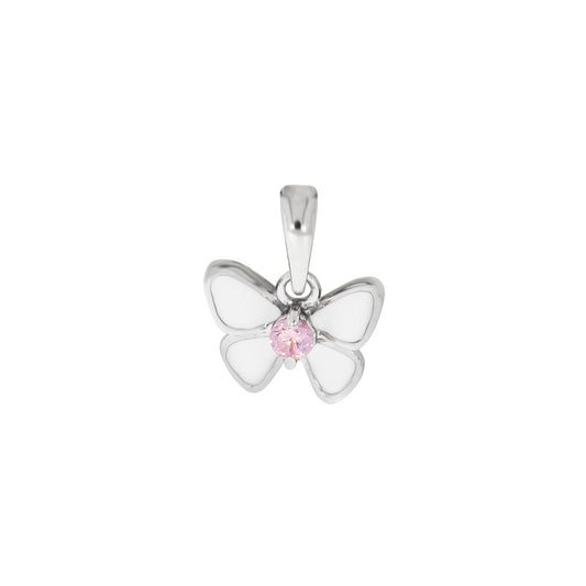 Kinder-Anhänger aus 925/- Sterling Silber rhodiniert Motiv Schmetterling mit weißem Lack und Zirkonia pink