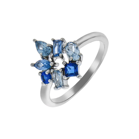 Damenring aus 925/- Sterling Silber rhodiniert mit synth. Steinen blau