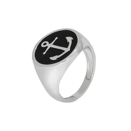 Damenring aus 925/- Sterling Silber rhodiniert Anker mit Lackeinlage schwarz