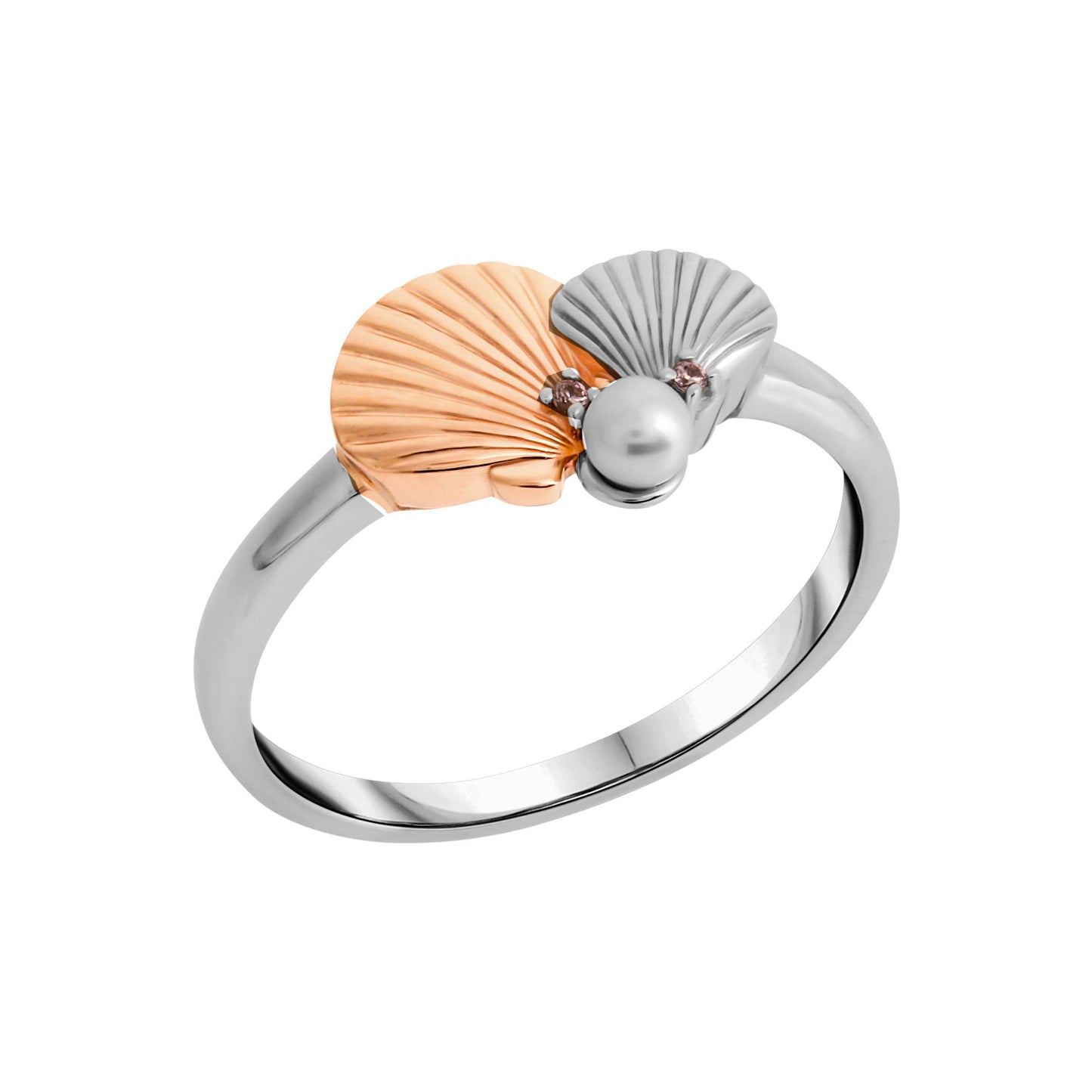 Damenring aus 925/- Serlingsilber rhodiniert teils rotvergoldet Motiv Muschel mit Perle und Zirkonia