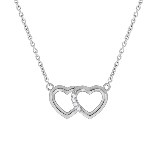 Collier aus 925/- Sterling Silber rhodiniert mit zwei Herzen 4 Zirkonia weiß