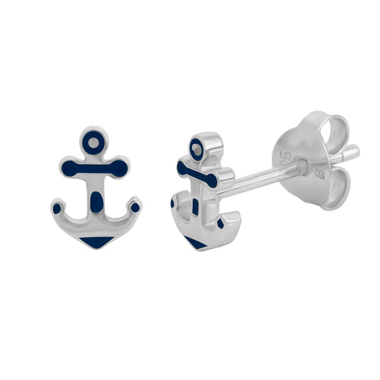 Ohrstecker aus 925/- Sterling Silber rhodiniert Motiv Anker mit blauem Lack