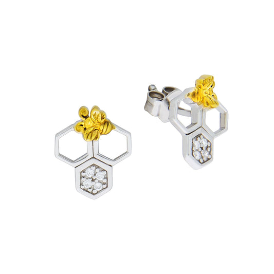 Ohrstecker aus 925/- Sterling Silber rhodiniert teils vergoldet Bienen-Waben mit Zirkonia