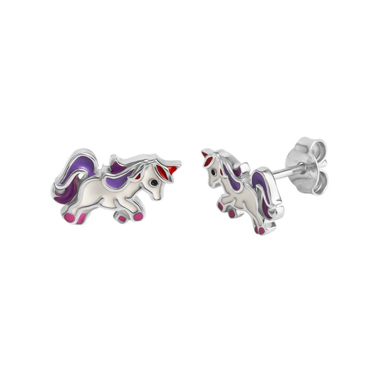 Ohrstecker aus 925/- Sterling Silber rhodiniert Motiv Einhorn mit buntem Lack