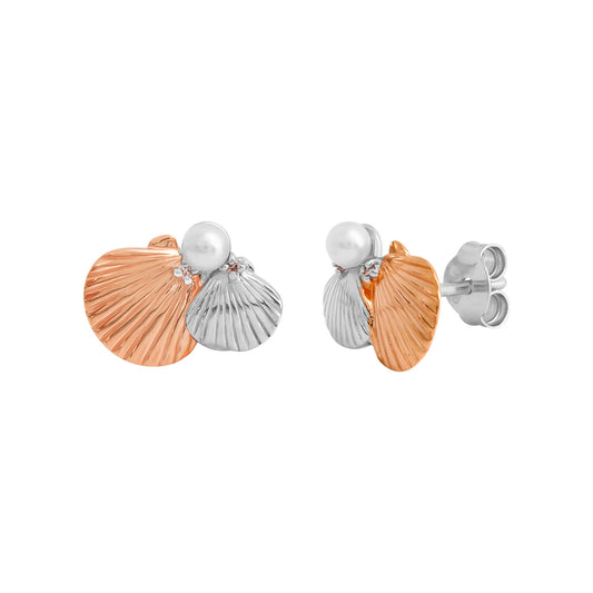 Ohrstecker aus 925/- Serlingsilber rhodiniert teils rotvergoldet Motiv Muschel mit Perle und Zirkonia