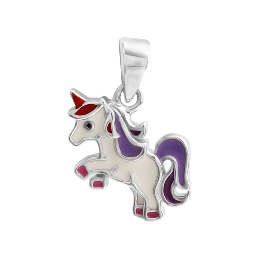 Anhänger aus 925/- Sterling Silber rhodiniert Motiv Einhorn mit buntem Lack