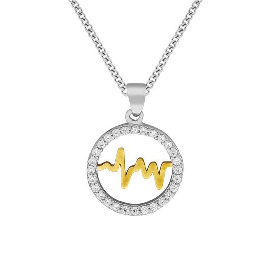 Collier aus 925/- Sterling Silber rhodiniert runder Anhänger mit 28 Zirkonia und Herzschlag mittig vergoldet