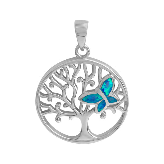 Anhänger aus 925/- Sterling Silber rhodiniert Baum mit Schmetterling synth,Opal blau