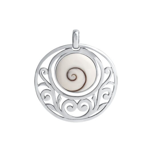 Anhänger aus 925/- Sterling Silber rhodiniert rund mit weißer Muschel