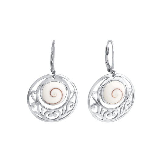 Ohrhänger aus 925/- Sterling Silber rhodiniert rund mit weißer Muschel