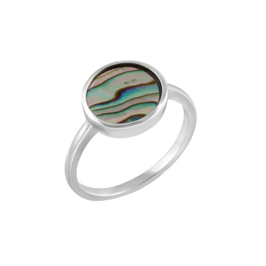 Ring 925 Silber rhodiniert mit Abalone mit 10mm Durchmesser. Der gesamte Ringkopf hat einen Durchmesser von 11mm und die Ringschiene ist 1,5mm breit.