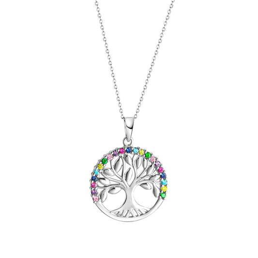 Zeeme Silver - Damen-Halskette aus 925 Sterling Silber rhodiniert mit Lebensbaum-Motiv 42/45cm lang mit bunten Zirkonia-Steinen